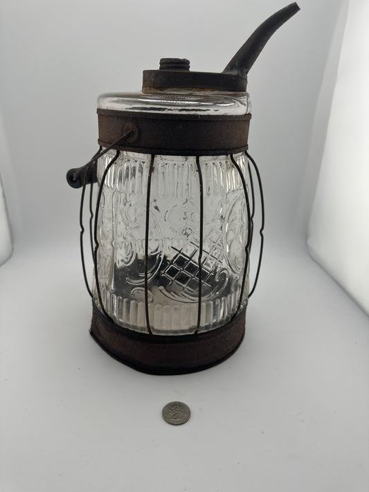 Antique Oil Lamp Cage Style Glass Kerosene Jug