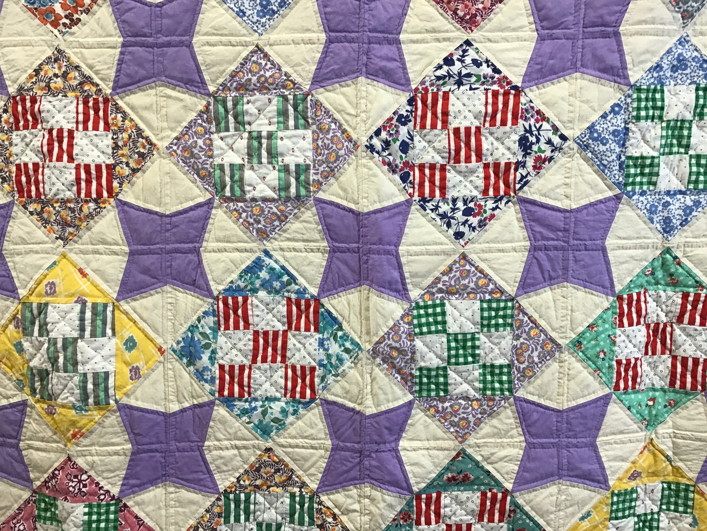 Vintage 1940s 4-Patch Quilt w/Feedsacks & Lavender Accents 65”x”76