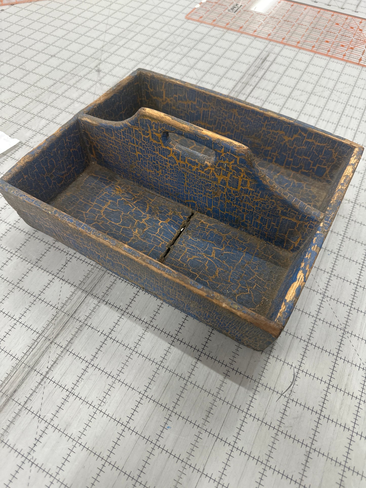 Antique crackled blue paint caddy