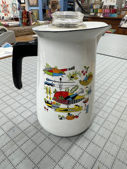 Vintage Georges Briard Coffee Percolator Mid Century White Enamel with Turkey / Harvest