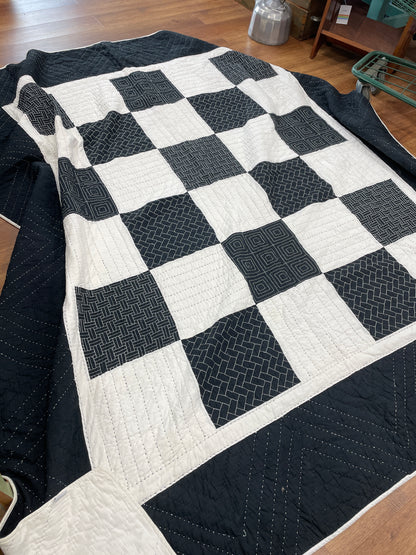 Newer Pre-owned Kantha Style quilt in black and white 90" x 100"