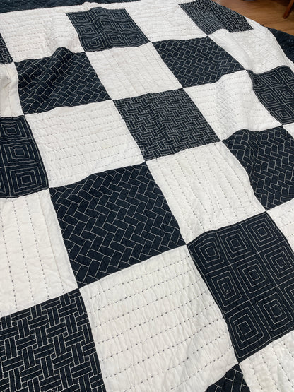 Newer Pre-owned Kantha Style quilt in black and white 90" x 100"