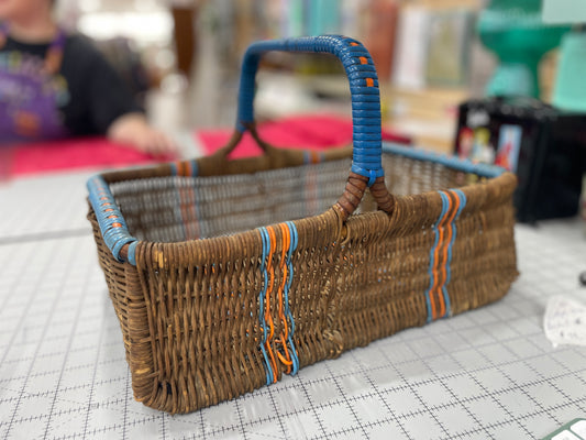 Vintage Wicker Basket with Teal and Cantelope Orange Accents - 1950s