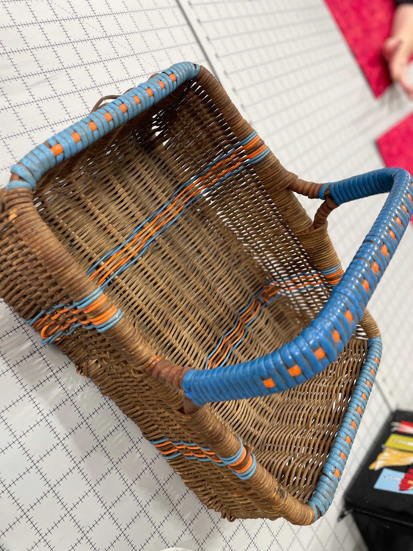 Vintage Wicker Basket with Teal and Cantelope Orange Accents - 1950s