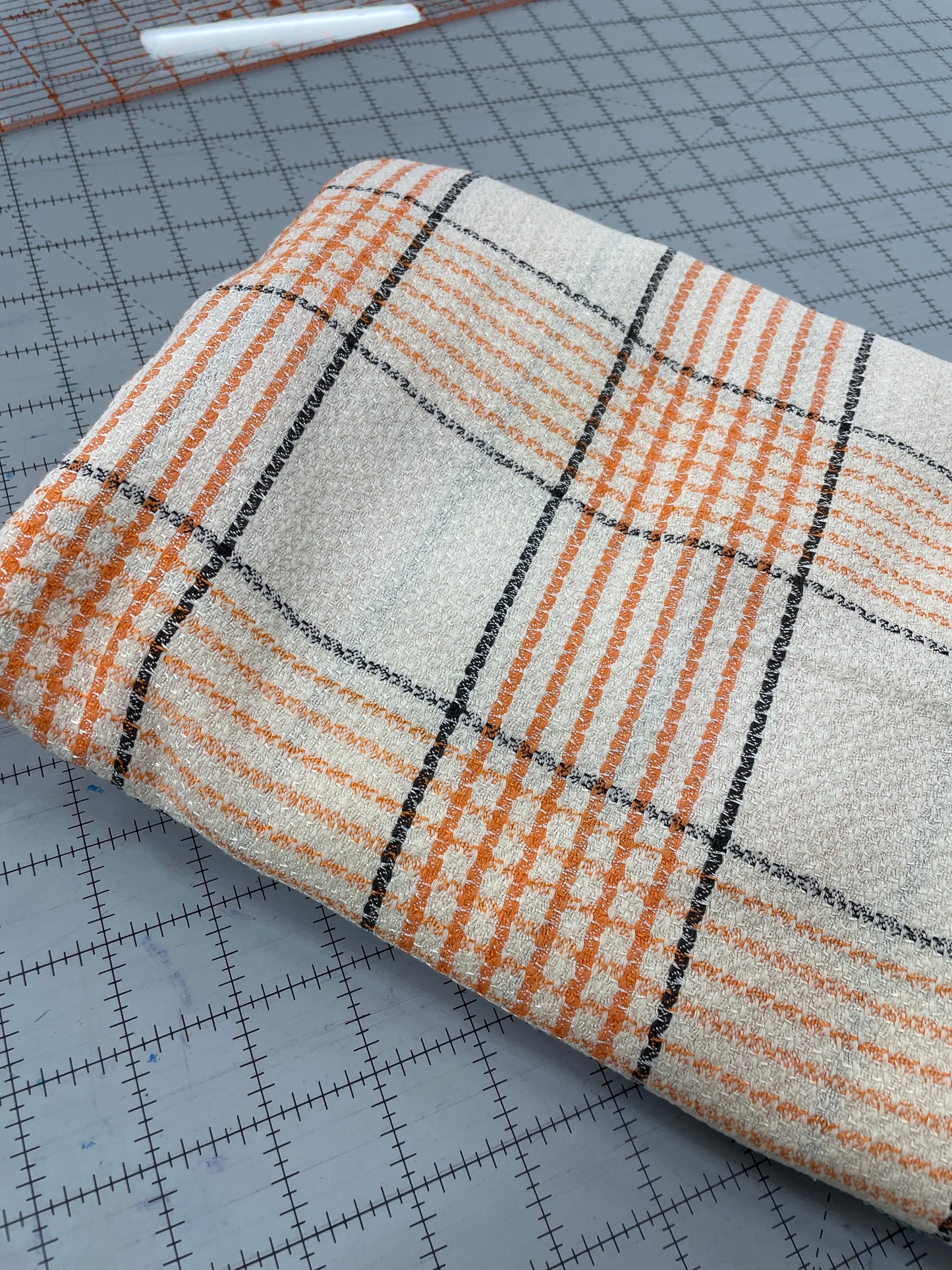 Vintage Table Cloth -- Plaid in Light Teal and Orange -- 72" x 72"