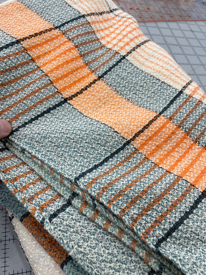 Vintage Table Cloth -- Plaid in Light Teal and Orange -- 72" x 72"
