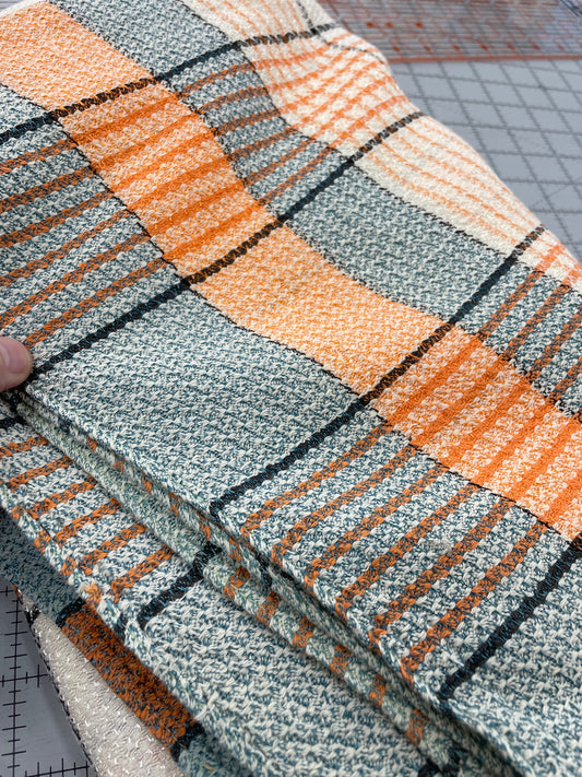 Vintage Table Cloth -- Plaid in Light Teal and Orange -- 72" x 72"