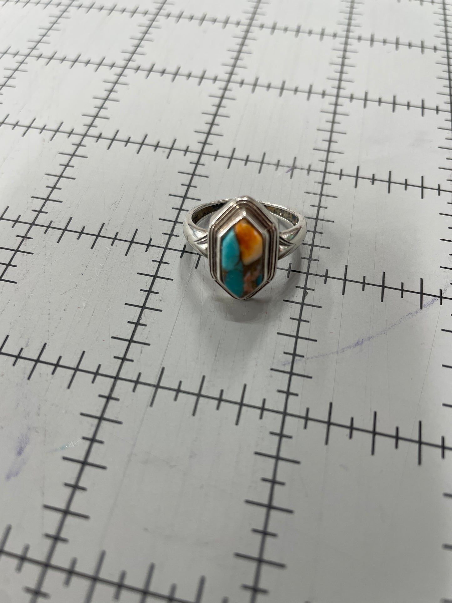 Turquoise and Orange Hexagonal Ring