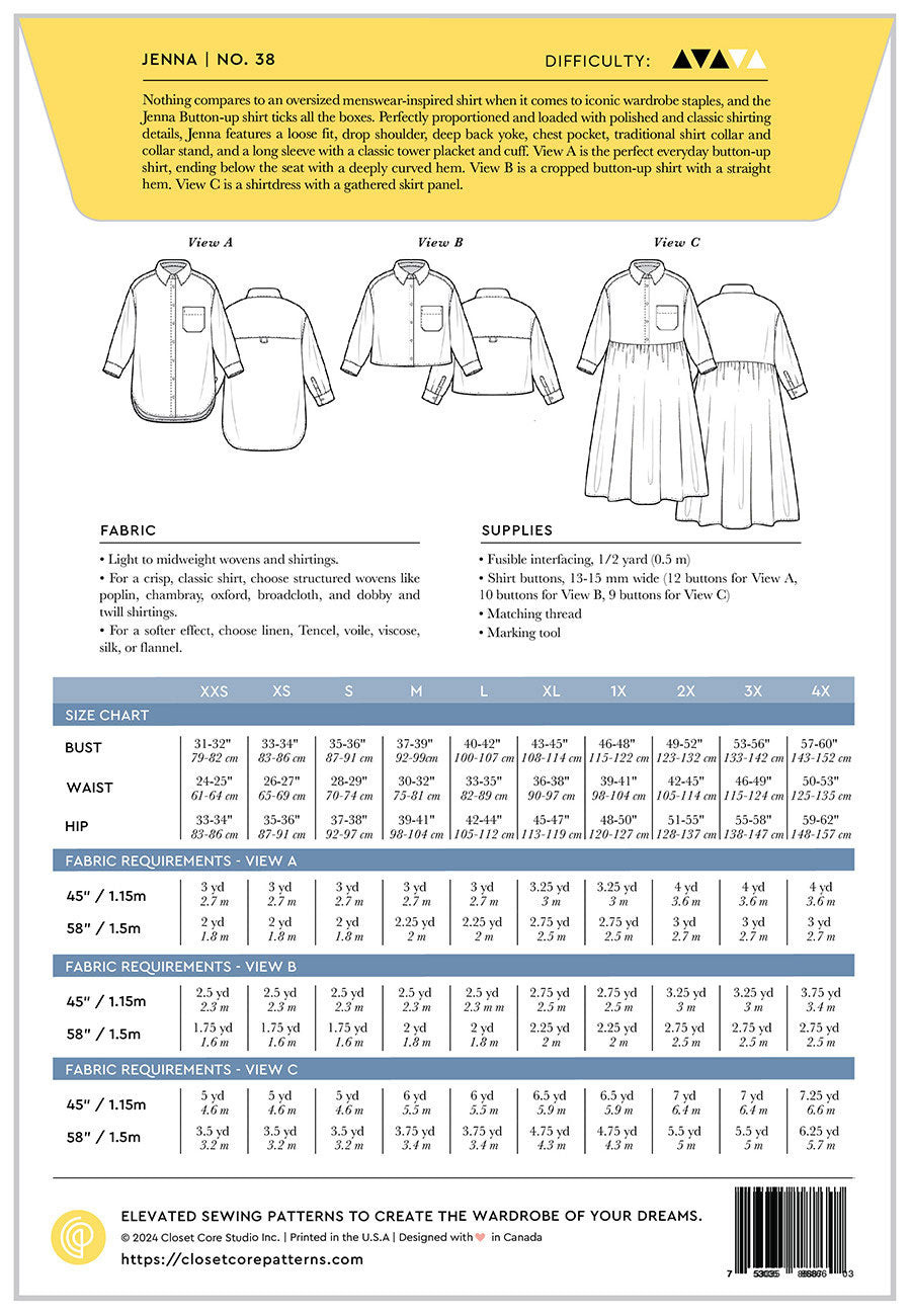 Jenna Shirt and Dress sewing pattern from Closet Core Patterns