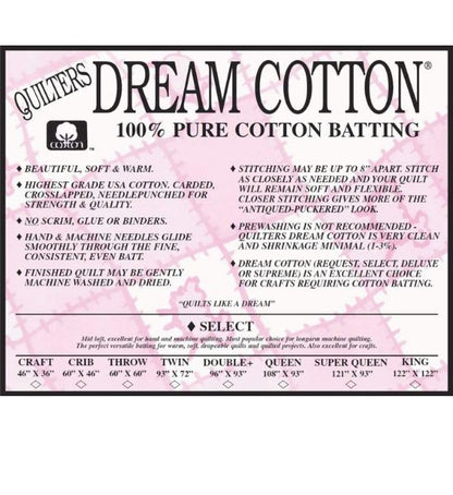 Quilters Dream Cotton 100% Pure Cotton Batting. - SELECT Loft