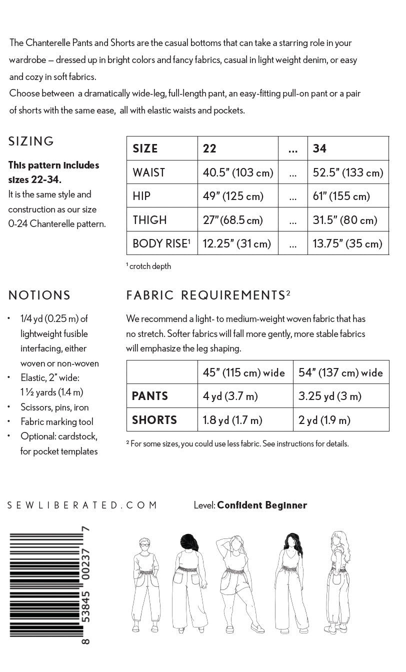 Chanterelle Pants and Shorts Sewing plus sz 22-34 Pattern