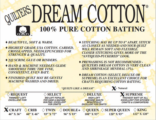 Quilters Dream Cotton 100% Pure Cotton Batting - SUPREME