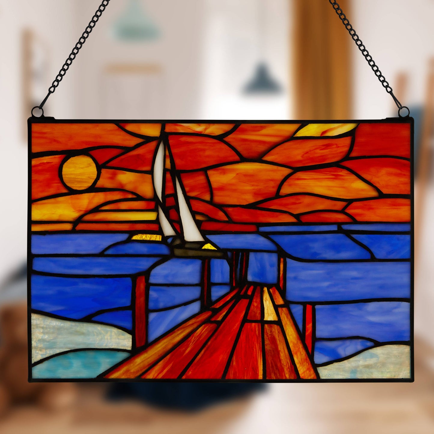 14" Sailboat Orange & Blue Stained Glass Window Panel