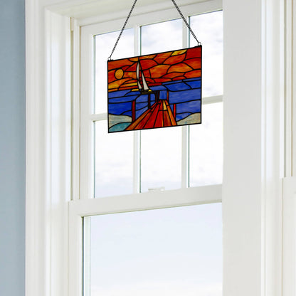 14" Sailboat Orange & Blue Stained Glass Window Panel