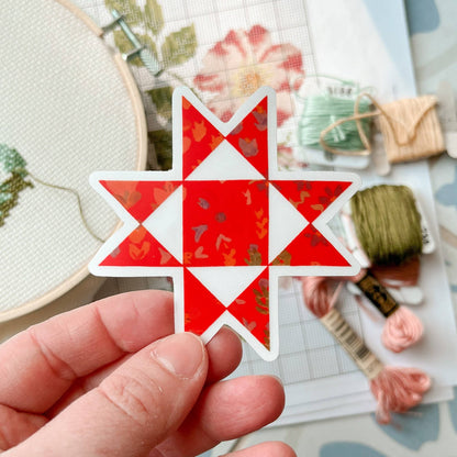 Red Ohio Star Quilt Block Vinyl Stickers, Sewing Sticker