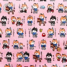 Samurai Shibas cotton dobby (pink)